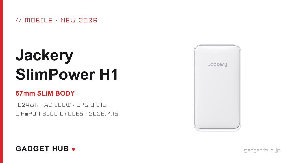 Jackery SlimPower H1 厚さ67mmの薄型ポータブル電源（公式製品写真をもとに作成）